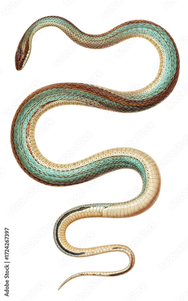 Fototapeta premium Baron's green racer (Philodryas baroni) accurate scientific plate brown dorsal stripe green blue flanks transparent PNG