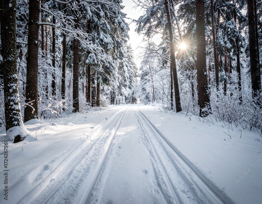 Obraz premium Snowy Winter Forest Path Sunlight
