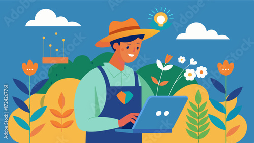 A farmer is utilizing an AIdriven predictive model to identify and forecast potential crop diseases based on weather and environmental conditions.. Vector illustration