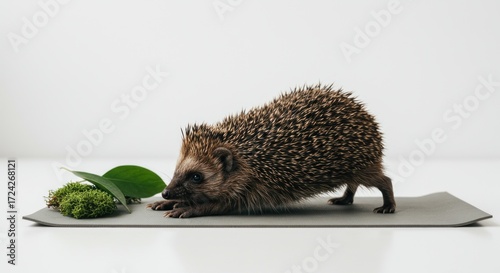 A cute hedgehog is eating on a plate with green leaves and moss.