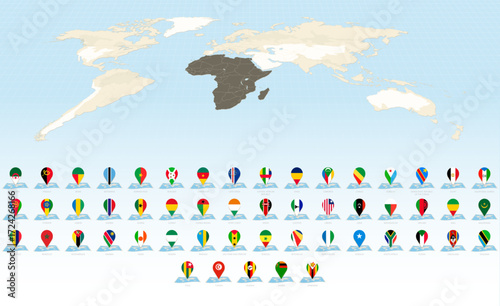 Maps of the World with African Country Pin Flags.