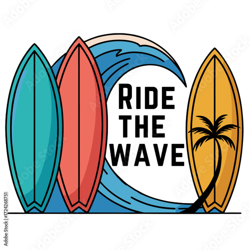 Ride The Wave Colorful surfboards stand against a stylized wave with a palm tree, representing a beach scene