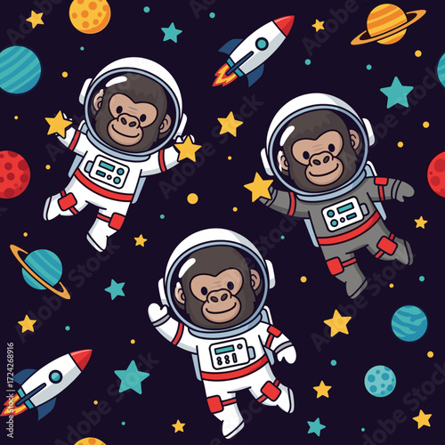 Happy cartoon astronaut monkeys explore space surrounded by planets rockets and stars