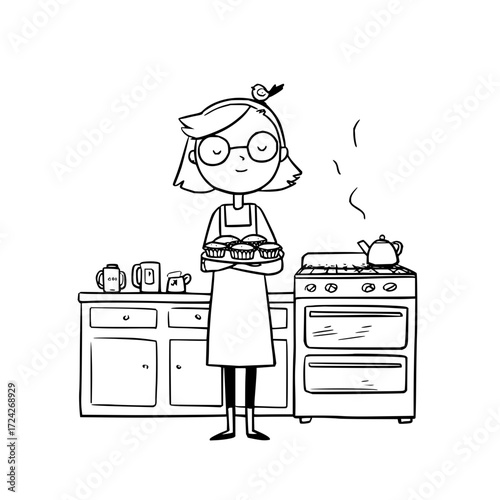 Woman in apron holding cupcakes in kitchen with stove mugs and bird on head in black and white sketch style