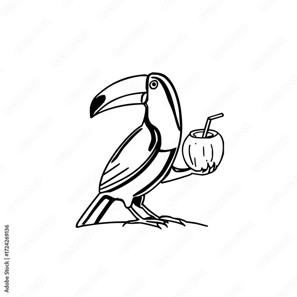 Fototapeta premium Illustration of a toucan bird holding a coconut drink with a straw in a black and white line drawing