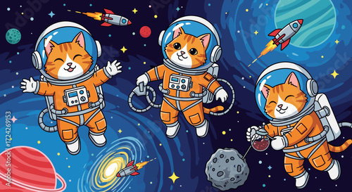 Three happy astronaut cats floating in space among planets and rockets perfect for kids themes