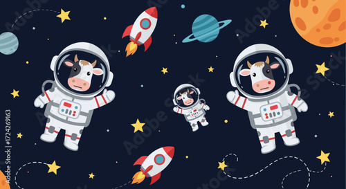 Cartoon cows in astronaut suits exploring space with rockets stars and planets Fun adventure