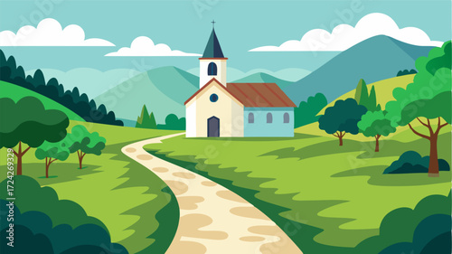 A tranquil scene of a cobblestone pathway leading to a traditional village church its white façade standing out against the green countryside.