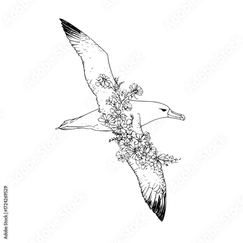 Illustration of a soaring albatross adorned with a delicate arrangement of blooming flowers in black and white