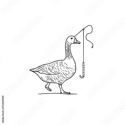 A goose walking with a striped candy cane dangling from a fishing rod in a black and white illustration