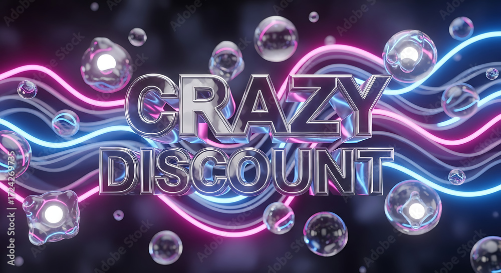 Fototapeta premium Crazy discount text with neon lines and spheres in a futuristic background design