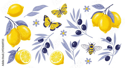 Lemons, Olive Branches, Butterflies, and Bees in a Vibrant Garden Setting
