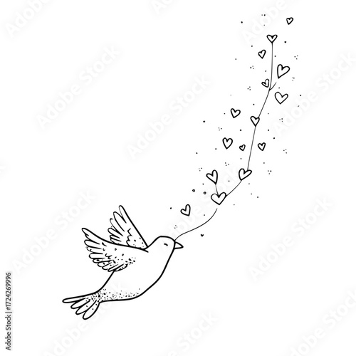 A simple line drawing of a bird in flight releasing a string of hearts into the air with dots around