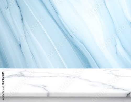 Light blue marble wall with white marble tabletop