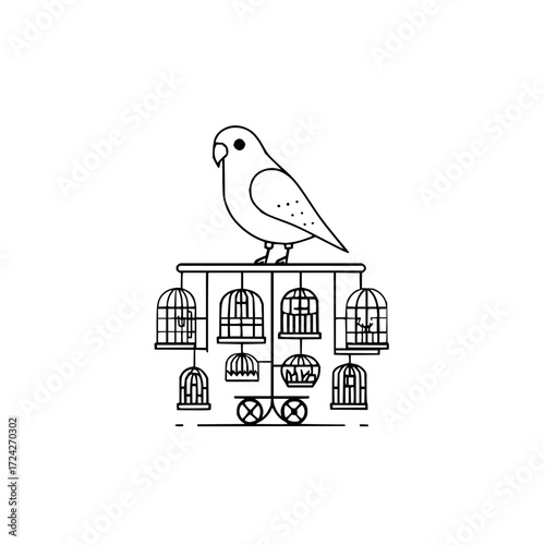 A bird perched atop a structure adorned with hanging birdcages in a minimalist line art illustration