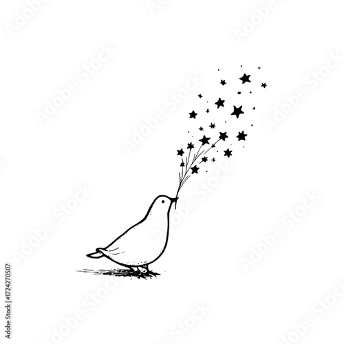 A simple black and white drawing of a bird holding a bunch of stars in its beak on a white background