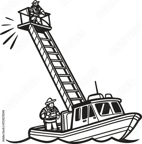 Fire rescue boat with ladder and emergency lights illustration