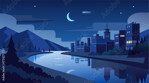 A serene nightscape the citys lights reflecting off the calm waters of the river that runs through it.