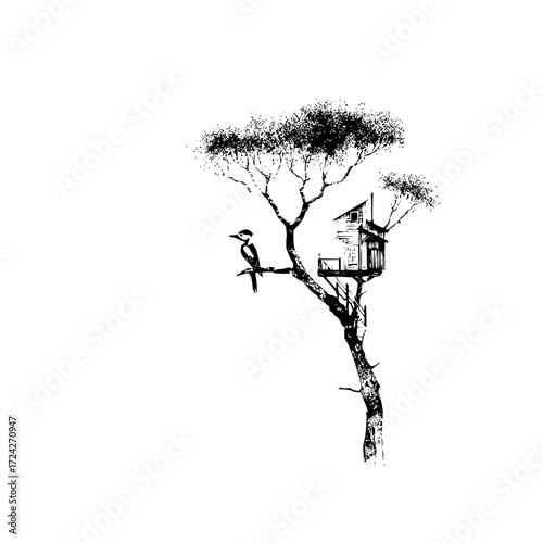 Illustration of a bird perched on a tree branch with a treehouse nestled in its branches in black and white