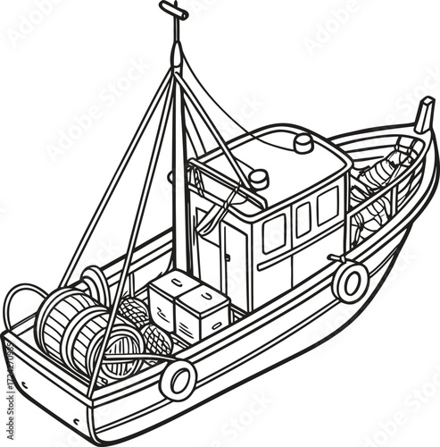 Fishing boat with nets and fishing equipment illustration