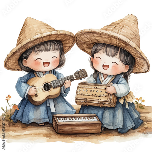 Korean Group Activities, watercolor illustration vector, isolated on a white background.
