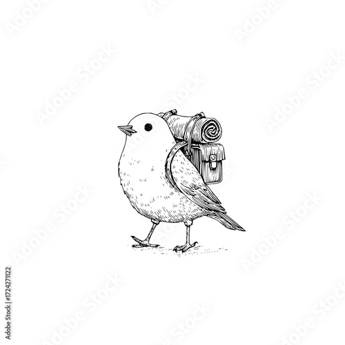 Illustration of a small bird with a backpack and rolled blanket on a white background in line art