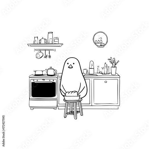 A cartoon bird stands in a kitchen holding a loaf of bread on a stool in a black and white drawing