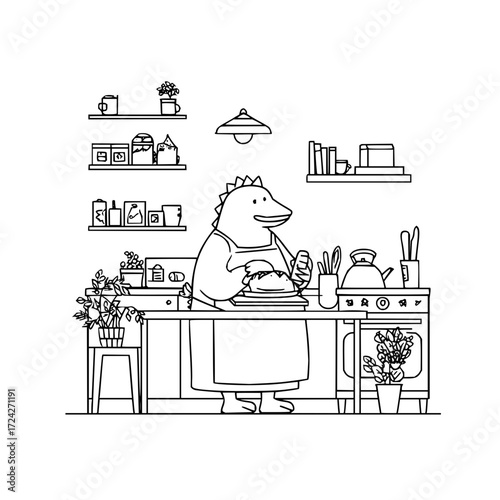 A dinosaur wearing an apron is in a kitchen with shelves and plants preparing food on the counter