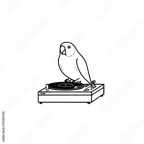 A stylized drawing of a bird perched atop a record player with a vinyl record on the turntable