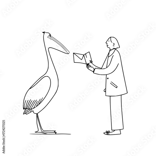 A person in a coat hands a letter to a tall pelican with a large beak in a black and white illustration