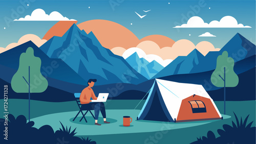 A secluded tent in a wildlife reserve transformed into a makeshift office space where an employee types diligently on a laptop against the backdrop of a breathtaking mountain. Vector illustration