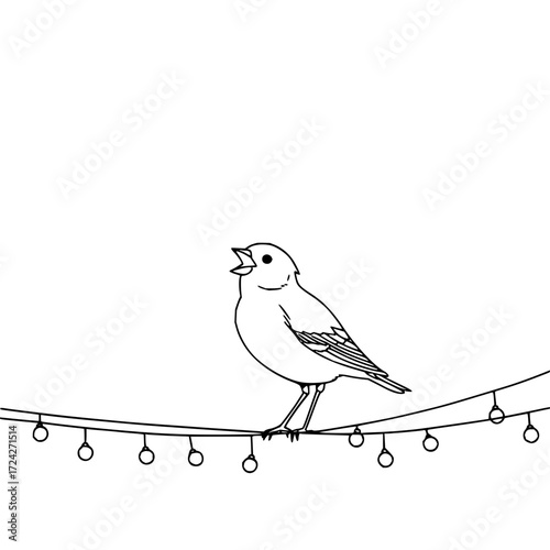 A bird perched on a string of lights with its beak open in a simple black and white line drawing style