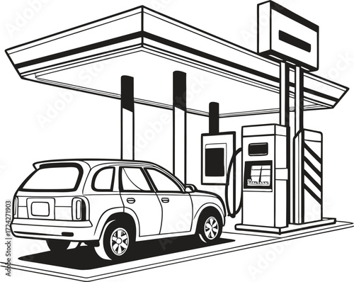 Fuel station with vehicle being refueled on a white background