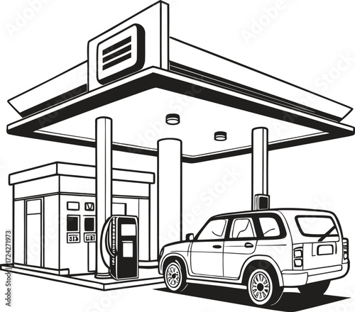 Fuel station with vehicle refueling scene illustration