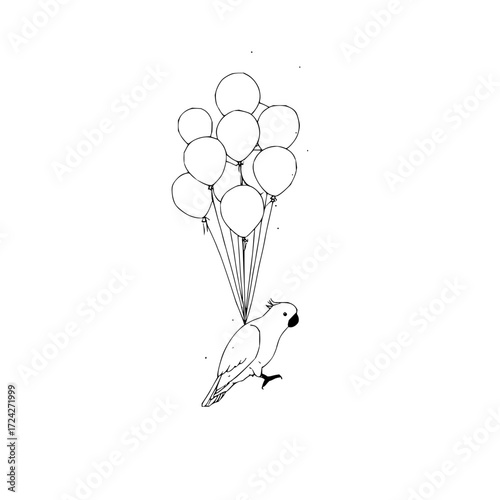 Illustration of a cockatoo bird flying while holding onto a bunch of balloons in a simple black outline