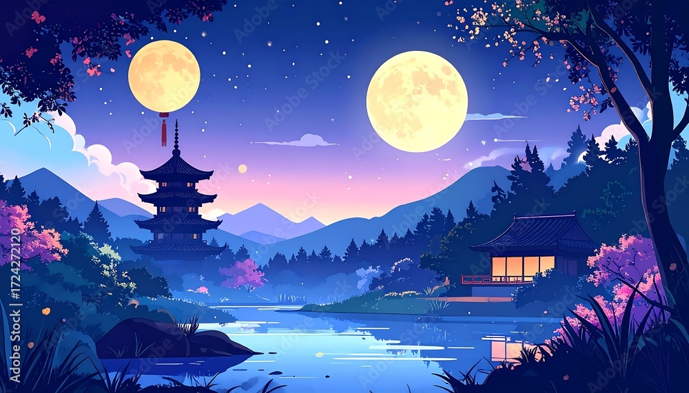 Fototapeta premium Nighttime landscape with double moon, pagoda, and serene lake