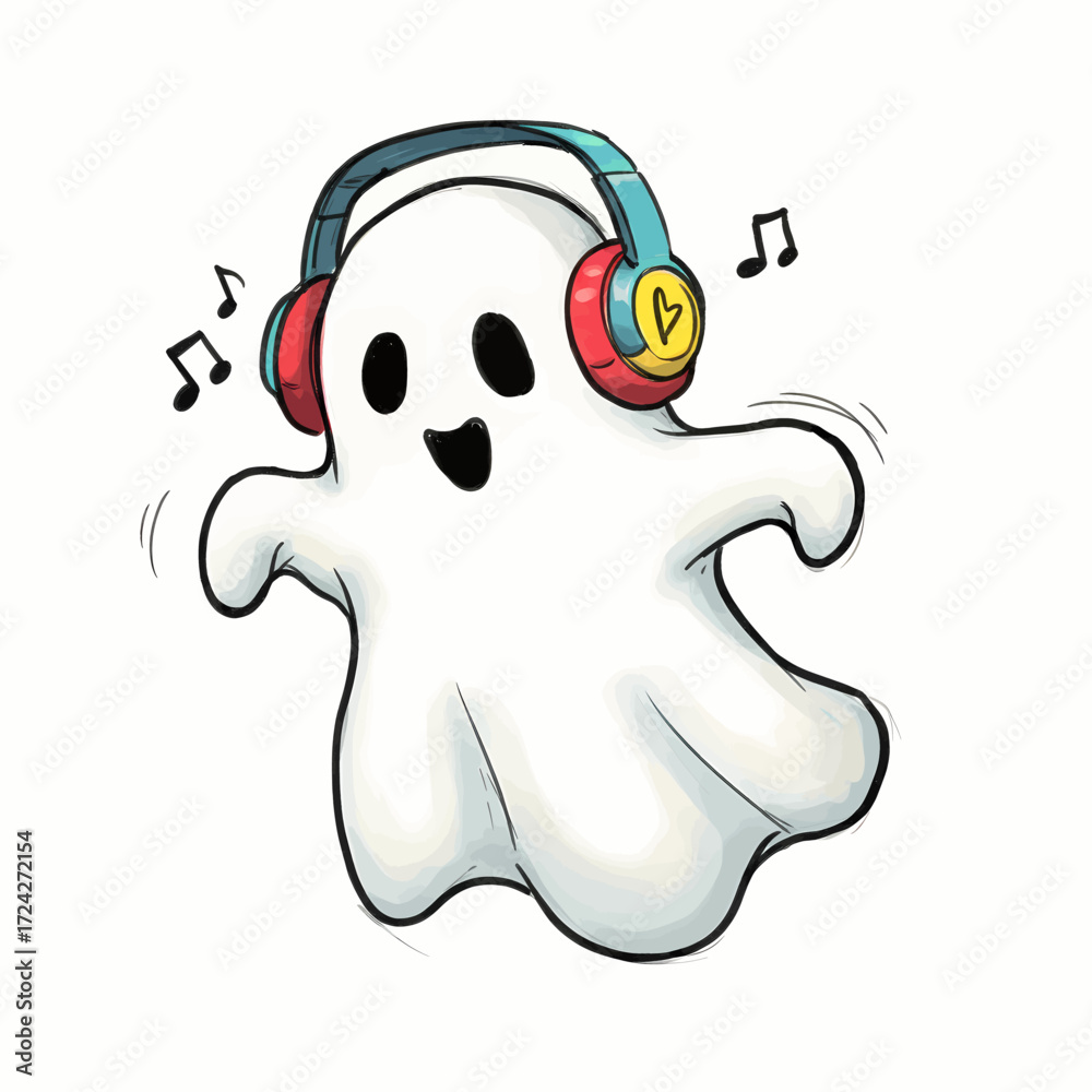 Obraz premium Cute animated ghost wearing headphones and listening to music, happily dancing with musical notes around it, perfect for Halloween and fun illustrations
