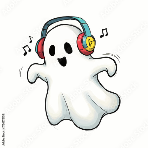 Cute animated ghost wearing headphones and listening to music, happily dancing with musical notes around it, perfect for Halloween and fun illustrations