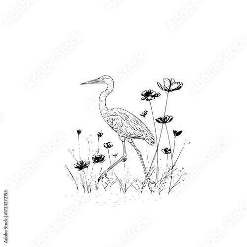 A detailed sketch of a heron standing among flowers and grass in a minimalistic black and white design