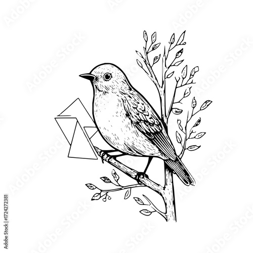 Sketch of a bird perched on a branch with leaves and geometric shapes in black and white illustration