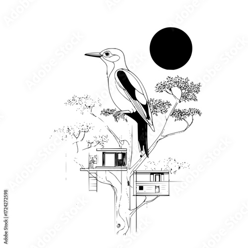 Bird perched on a tree with modern treehouses and a black circle in the background in black and white