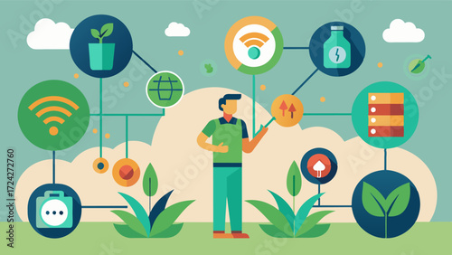 A network of sensors that monitor plant health alerting farmers to any potential issues.. Vector illustration