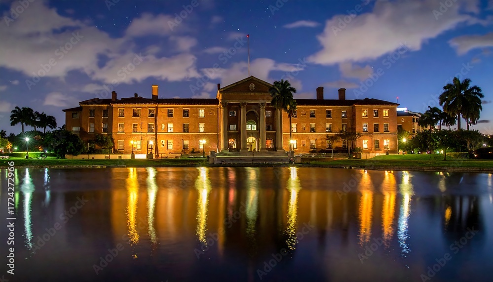 Fototapeta premium Nighttime view of a historic building reflected in a tranquil pond