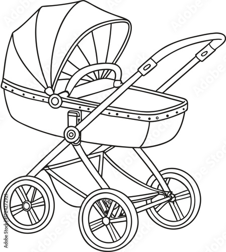 Baby stroller with canopy and wheels illustration on white background