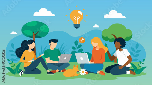 A creative team brainstorming ideas while sitting on the grass surrounded by the sights and sounds of a magnificent wildlife reserve.. Vector illustration