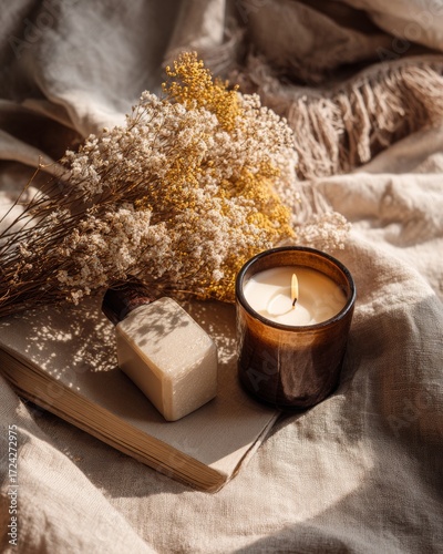 Editorial cozy seasonal still life glass candle holder casting soft bokeh over cozy textiles creating an inviting mood that conveys holiday wellness, lifestyle comfort, interi
