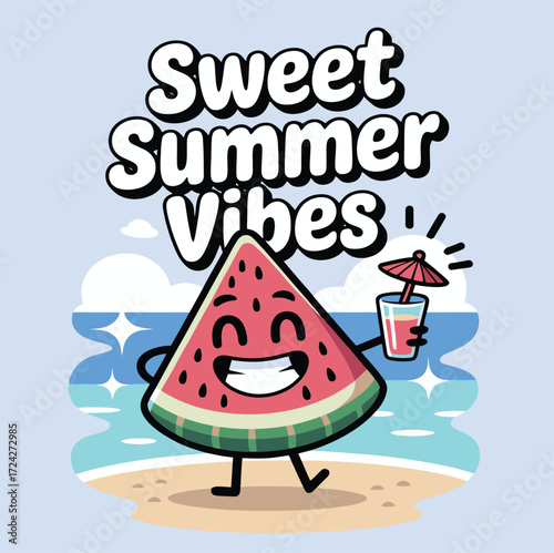 Cartoon watermelon slice character enjoying a drink on a beach with sweet summer vibes text above