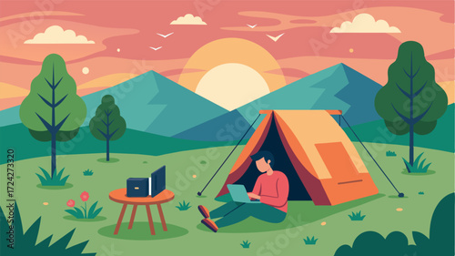 A cozy tent set up in a quiet meadow with a freelancer working on illustrations as the sun sets in the distance.. Vector illustration