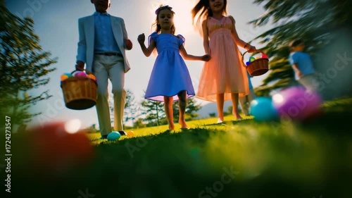 Family easter egg hunt park outdoor event sunny day playful atmosphere