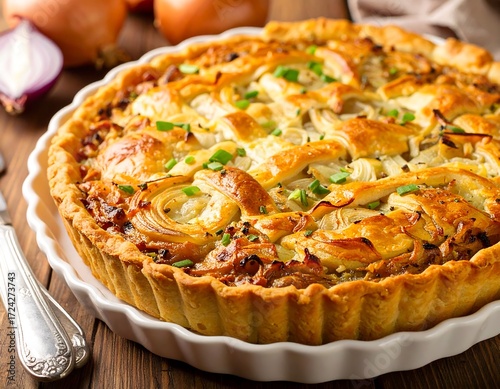 Delicious onion tart on a wooden table